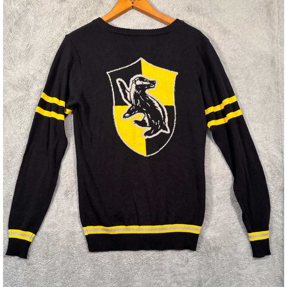 Harry Potter Womens S Hufflepuff Crest Cardigan Knit Sweater Black Yellow Button